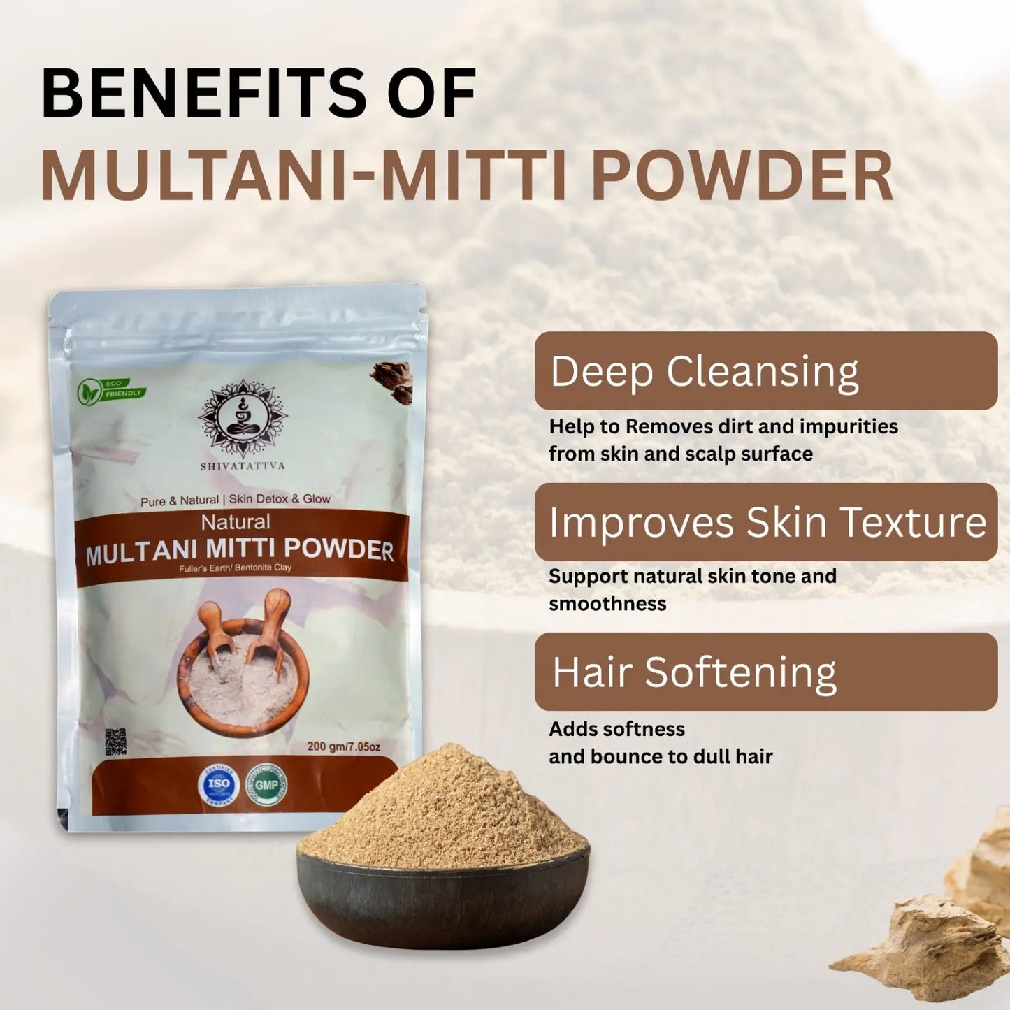 Shivatattva Natural Multani Mitti Powder for Glowing Skin, Acne Control, Tan Removal & Oil-Free Look – 200g | 100% Pure Ayurvedic Fuller's Earth