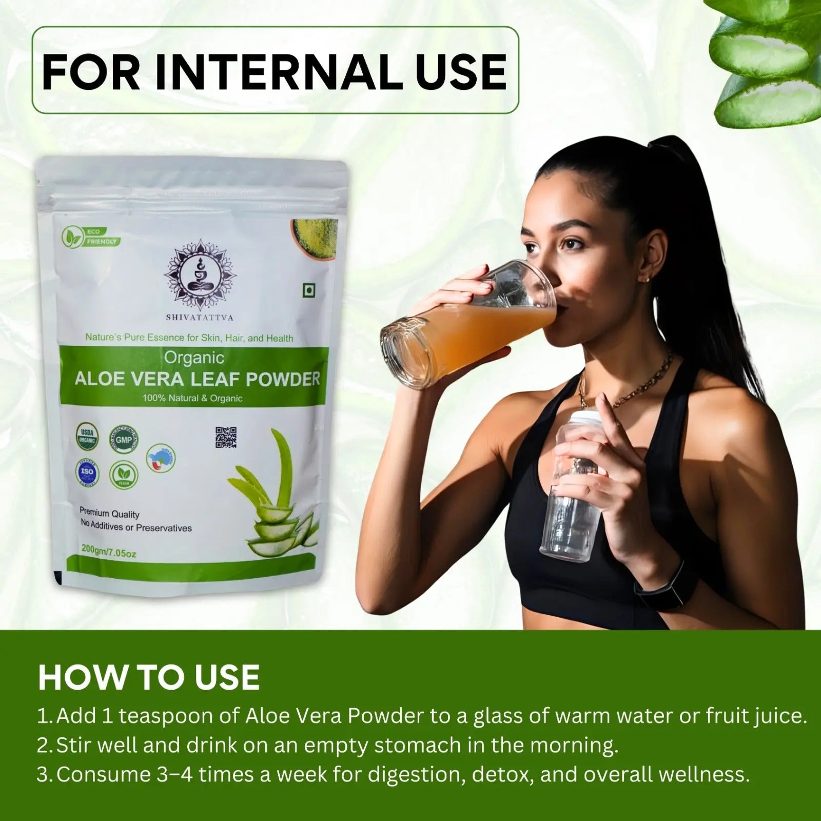 Shivatattva Organic Aloe Vera Leaf Powder 200g – For Skin, Hair & Internal Detox | Edible & Pure