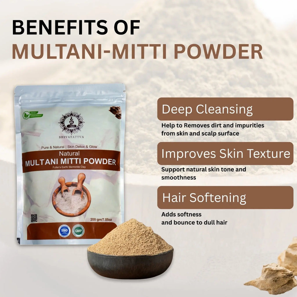 Shivatattva Natural Multani Mitti Powder for Glowing Skin, Acne Control, Tan Removal & Oil-Free Look – 200g | 100% Pure Ayurvedic Fuller's Earth