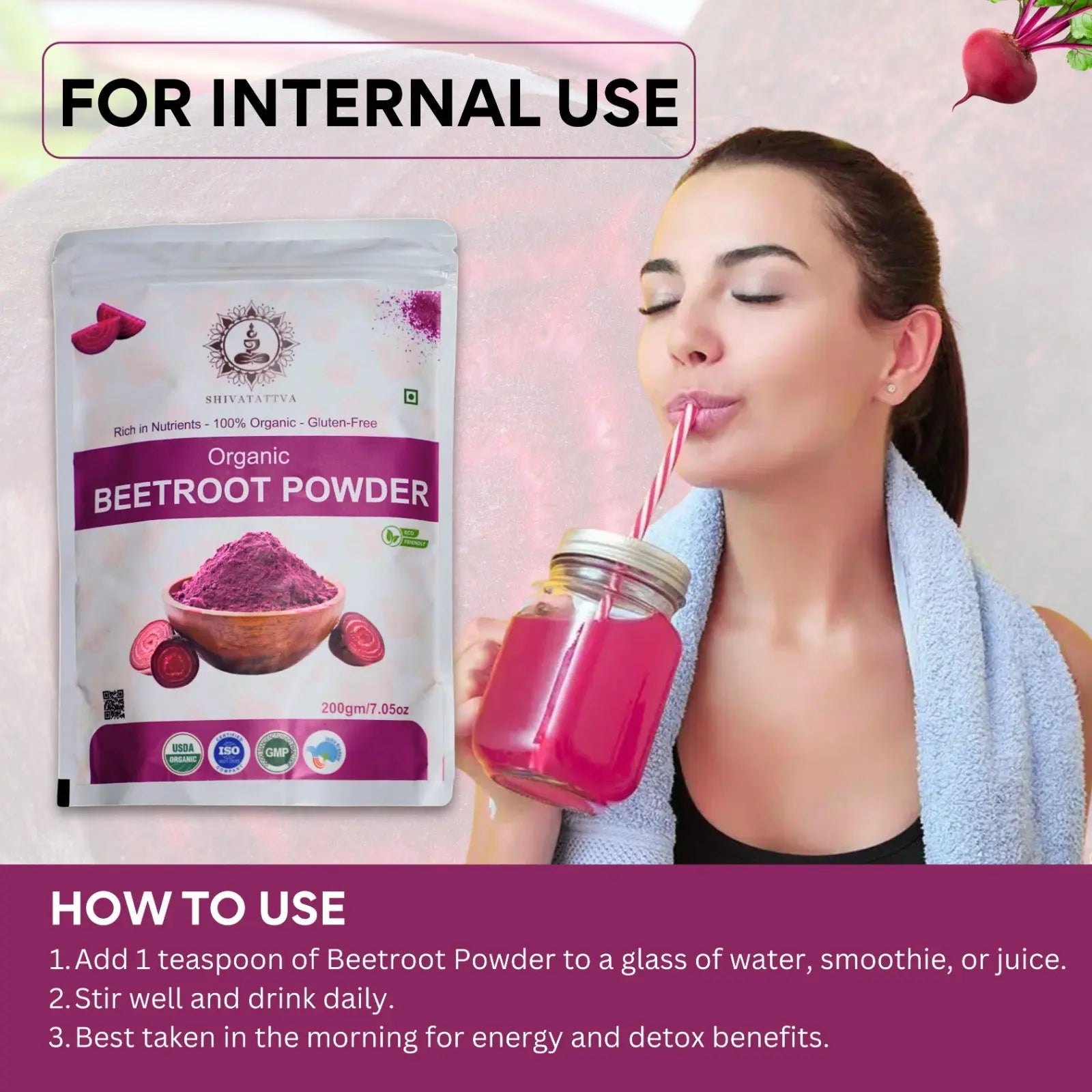 Shivatattva Organic Beetroot Powder | 100% Pure & Natural | Rich in Nitrates, Iron & Antioxidants | For Skin Glow, Stamina & Detox | No Added Color or Preservatives | 200g